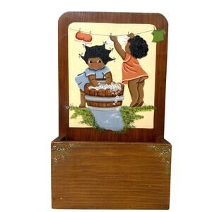 Hand Painted Wooden Box Caddy Little Girls Laundry Clothesline Washboard